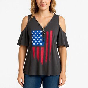 SHEIN Curve 4X Black American Flag Cold Shoulder Half Zip Top